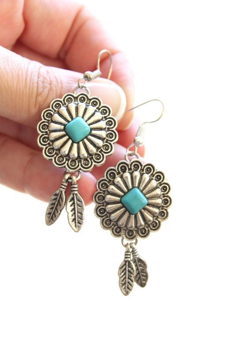 Native Blossom girl-delicate silver floral dangle earrings with tiny feathers charms Native Vintage Ethnic Bohemian Handcrafted earrings