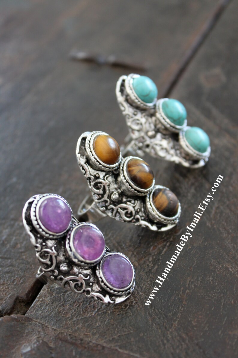 One Stunning Vintage look Tibetan silver plated adjustable ring 3 semi-precious stones Tiger EyeHowlite turquoiseAmethyst Boho ring