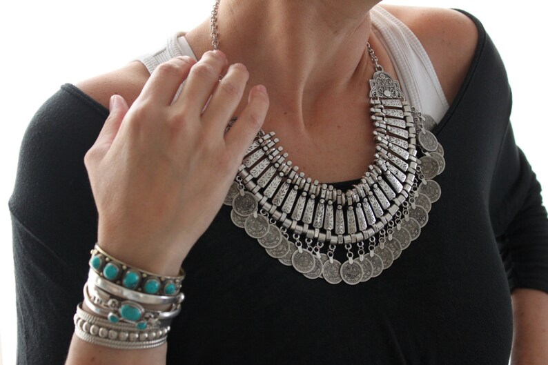 Indian Turkish Antique silver plated coin necklace Vintage inspired Bohemian Gypsy statement necklace Free people style statement piece