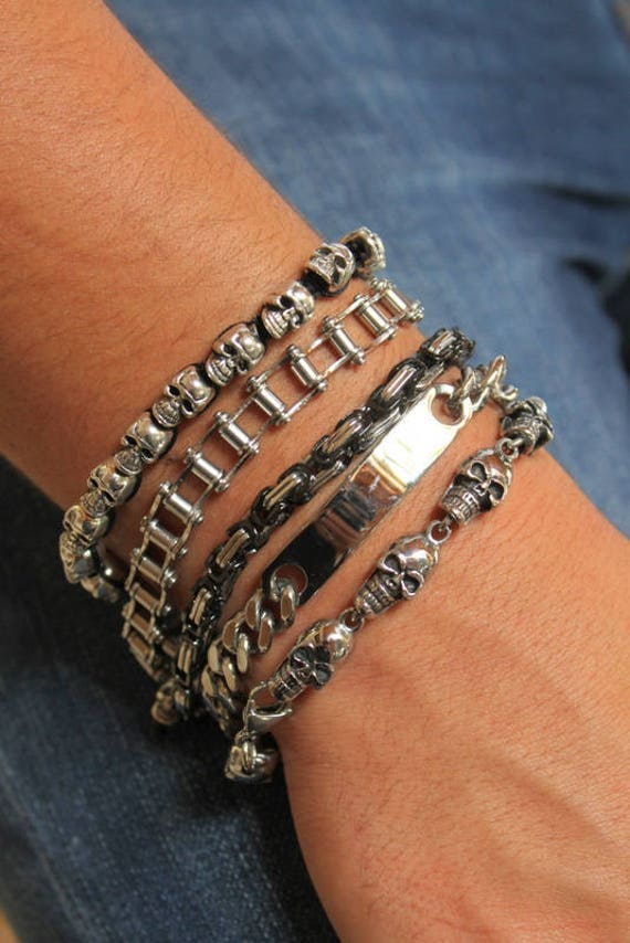 Stainless steel linked chain bracelet silver and Black metal bracelet Mens bracelet stackable bracelet man jewelry by Inali