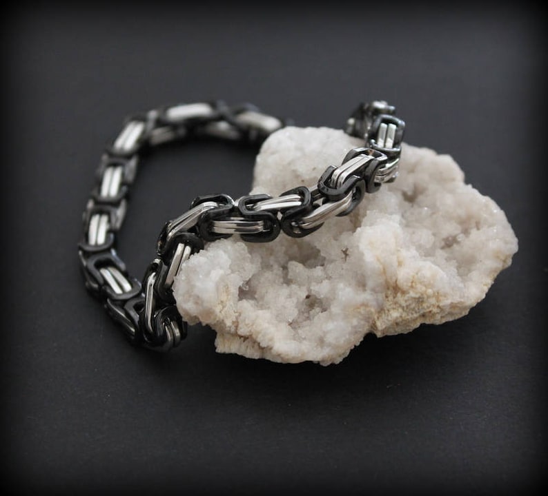 Stainless steel linked chain bracelet silver and Black metal bracelet Mens bracelet stackable bracelet man jewelry by Inali