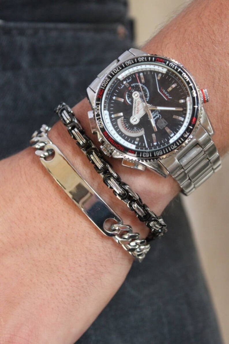 Stainless steel linked chain bracelet silver and Black metal bracelet Mens bracelet stackable bracelet man jewelry by Inali