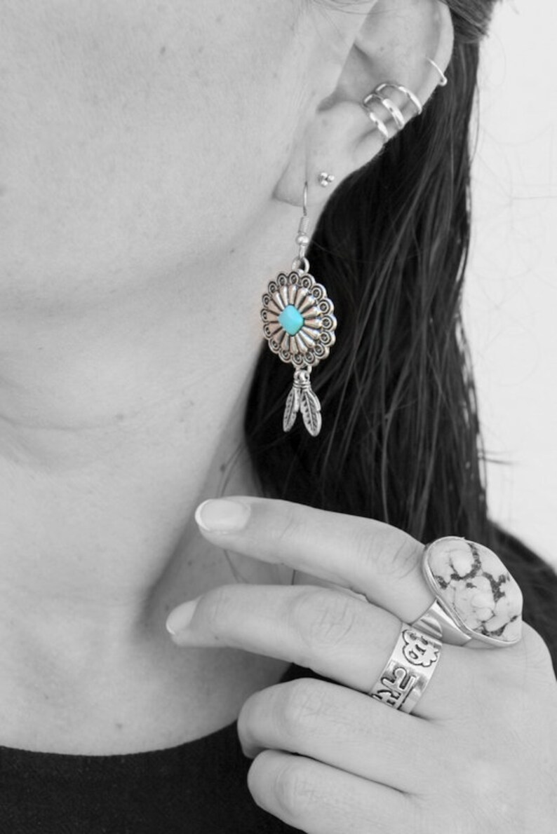 Native Blossom girl-delicate silver floral dangle earrings with tiny feathers charms Native Vintage Ethnic Bohemian Handcrafted earrings