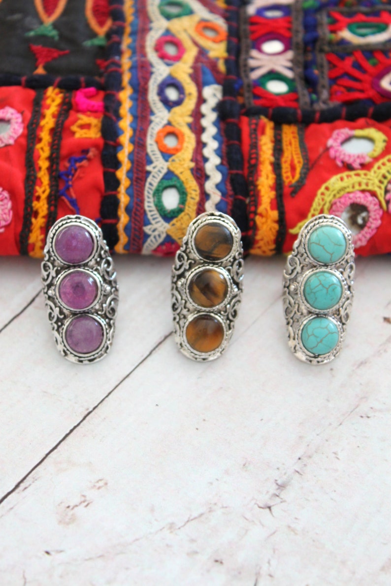 One Stunning Vintage look Tibetan silver plated adjustable ring 3 semi-precious stones Tiger EyeHowlite turquoiseAmethyst Boho ring