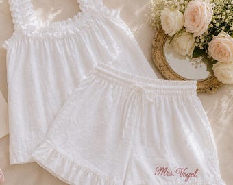 Bride Pj Set: Ruffled Tank and Shorts with Embroidered Mrs Last Name, Custom Engagement Gift, Custom Mrs Pajamas, Honeymoon Gift