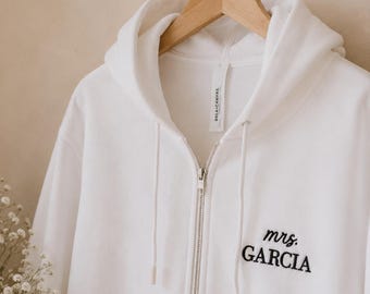 Embroidered Bride Zip-Up Hoodie, Personalized Wedding Morning Gift for Bride, Bridal Shower Gift, Custom Wedding Gift