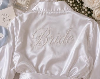 Custom Embroidered Satin Bride Robe, Personalized Wedding Morning Outfit, Bridal Shower Gift