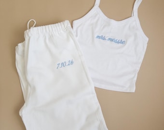 Custom Mrs. Embroidered Tank and Sweatpants Set, Wedding Date Bridal Lounge Wear