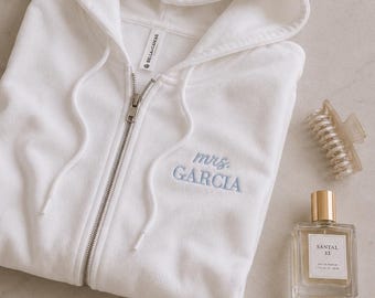 Custom Embroidered Mrs. Zip-up Hoodie, Bride Getting Ready, Engagement Gift, Honeymoon Outfit, Newly Married Set, Bridal Shower Gift