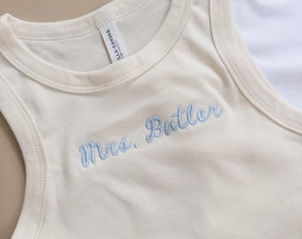 Embroidered Bride Tank, Customized Future Mrs Tank, Bachelorette Tank, Bridal Set, Honeymoon Outfit, Gift for Wife, Engagement Gift
