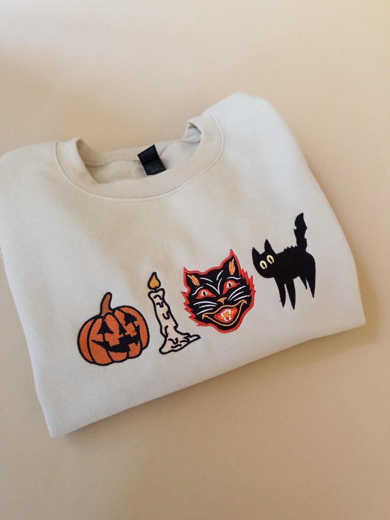 Embroidered Spooky Sweatshirt, Vintage Fall Sweatshirt, Spooky Halloween Sweater, Black Cat Sweatshirt, Retro Pumpkin Fall Sweater image 4