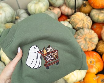 Embroidered Halloween Ghost Pumpkin Sweatshirt, Fall Ghost Sweatshirt Womens, Halloween Crewneck, Spooky Ghost Sweater, Fall Season Shirt