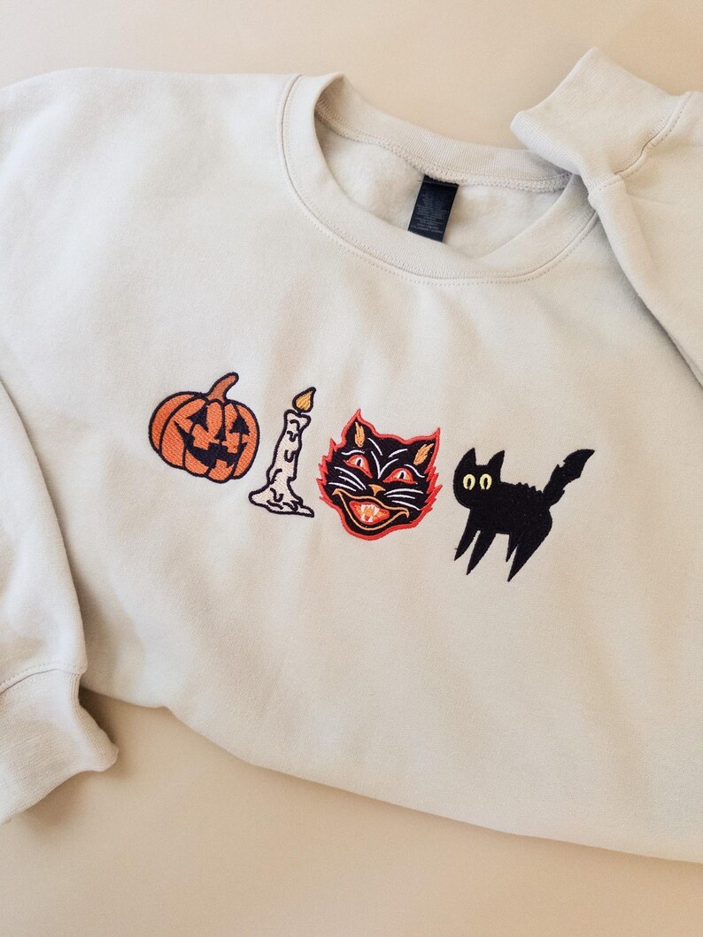 Embroidered Spooky Sweatshirt, Vintage Fall Sweatshirt, Spooky Halloween Sweater, Black Cat Sweatshirt, Retro Pumpkin Fall Sweater image 2