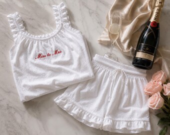 Embroidered Bachelorette Party Pajama Set: Ruffled Tank and Shorts, Custom Engagement Gift, Bridesmaid Pj's, Personalized Future Mrs Gift