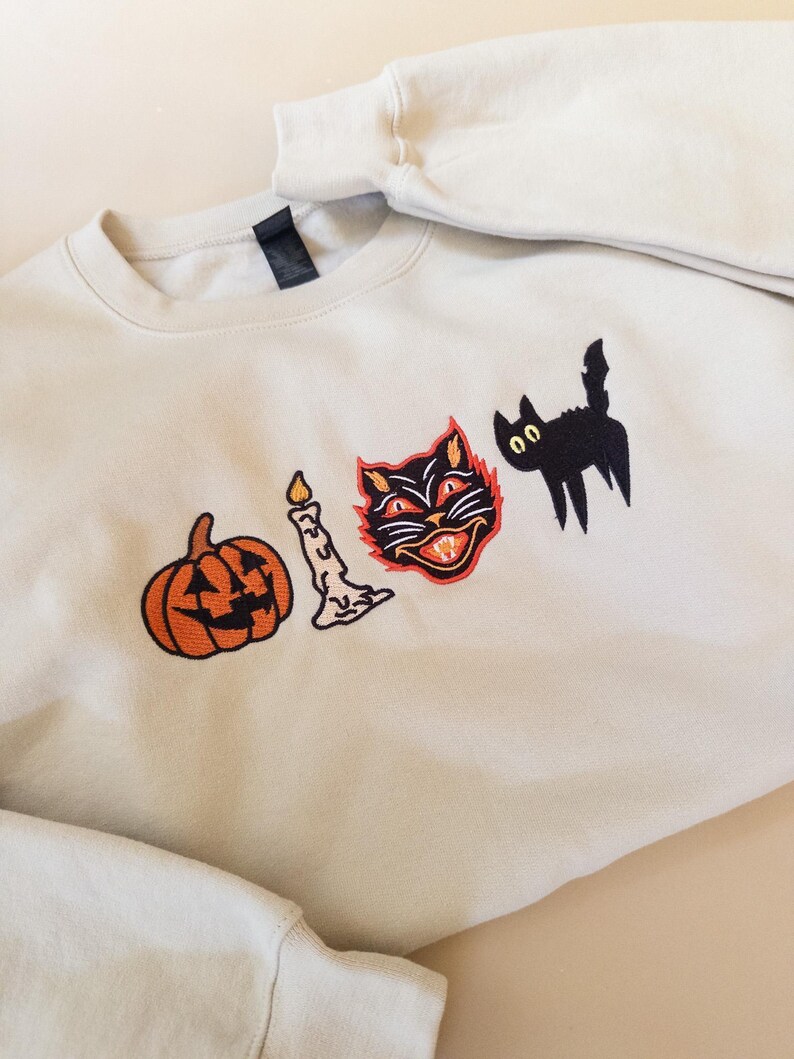 Embroidered Spooky Sweatshirt, Vintage Fall Sweatshirt, Spooky Halloween Sweater, Black Cat Sweatshirt, Retro Pumpkin Fall Sweater image 3