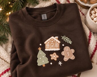 Embroidered Christmas Sweatshirt for Women, Xmas Tree Sweater, Gingerbread Cookies Baker Crewneck, Matching Family Group Holiday Sweatshirts