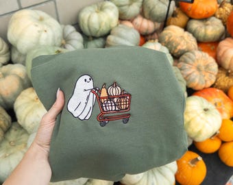 Cute Ghost Sweatshirt Embroidered, Fall Ghost Sweater, Spooky Halloween Crewneck, Ghostly Cute Shirt, Ghostly Halloween Sweatshirts,