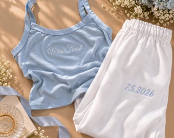 Ensemble débardeur et pantalon de survêtement brodés Mme personnalisés, tenues de détente pour la mariée avec date de mariage