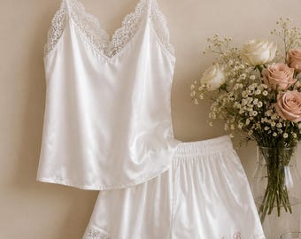 Personalized Embroidered Lace Bridal Pajama Set: Satin Camisole & Shorts