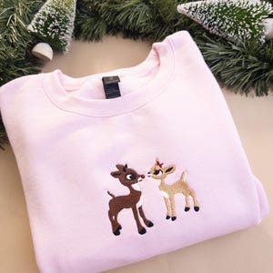 Retro Christmas Sweatshirt, Reindeer Embroidered Sweater, Vintage Inspired Rudolph Crewneck, Christmas Movie Matching Family Sweatshirt