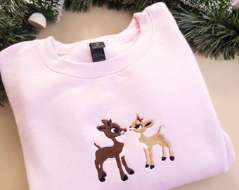 Sweat-shirt de Noël rétro, pull brodé de rennes, pull ras du cou Rudolph d'inspiration vintage, sweat-shirt familial assorti à un film de Noël