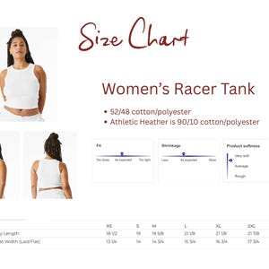 May include: A size chart for a racer tank top featuring three photos of the garment worn. Text includes 'Size Chart', 'Racer Tank', material composition, and a table listing body length and chest width measurements in inches for sizes XS to 2XL.