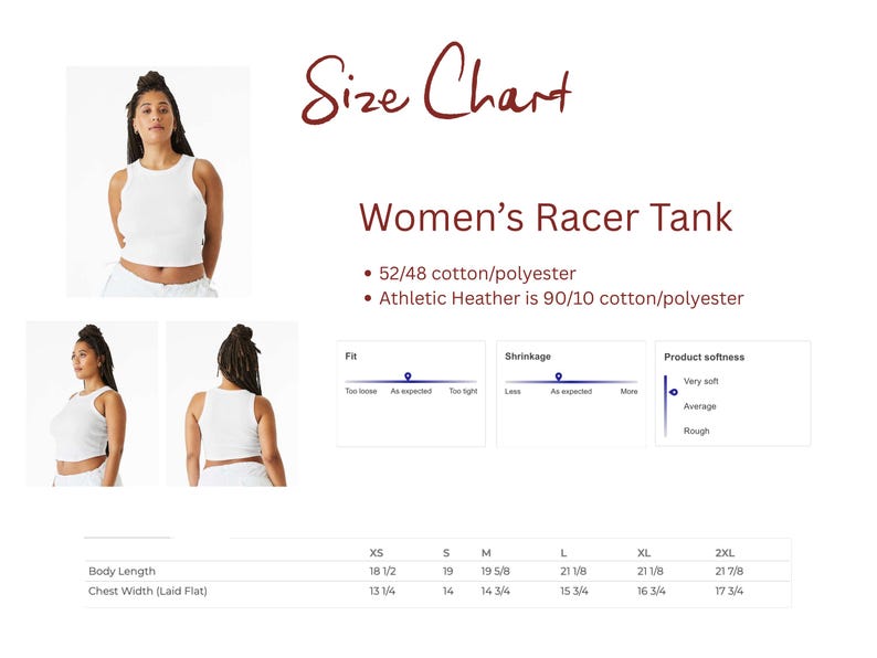 May include: A size chart for a racer tank top featuring three photos of the garment worn. Text includes 'Size Chart', 'Racer Tank', material composition, and a table listing body length and chest width measurements in inches for sizes XS to 2XL.