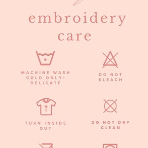text and icons related to embroidery care, providing guidelines on how to properly care for and maintain embroidered items.