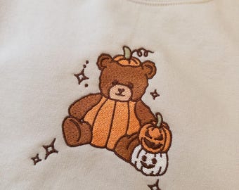 Embroidered Pumpkin Teddy Bear Sweatshirt, Cute Embroidered Fall Sweatshirt, Retro Halloween Sweatshirt, Cozy Pumpkin Crewneck Women