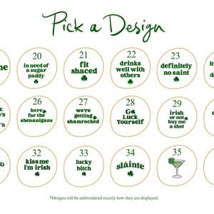 a collection of circular designs, each representing a different Irish-themed item or activity. The designs are arranged in a grid format, with each design occupying a separate circle. The text accompanying the designs provides descriptions of the items or activities, but the image is not a single photograph. The descriptions are not repetitive and are not overly descriptive, avoiding redundancy and focusing on the unique features of each design.