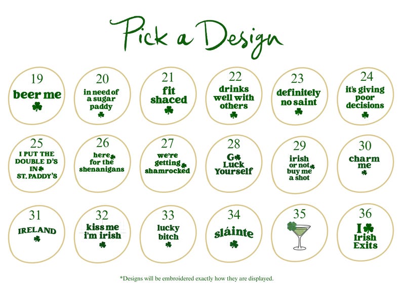 a collection of circular designs, each representing a different Irish-themed item or activity. The designs are arranged in a grid format, with each design occupying a separate circle. The text accompanying the designs provides descriptions of the items or activities, but the image is not a single photograph. The descriptions are not repetitive and are not overly descriptive, avoiding redundancy and focusing on the unique features of each design.