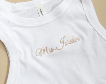 Embroidered Rib Racer Tank Top, Mrs Tank, Bridal Tank Top, Bridal Pjs, Bride Getting Ready Tank, Custom Bride Gift, Bridal Shower Gift