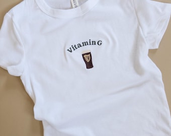 Vitamin G Irish Beer: Embroidered Funny St. Paddy's Crop Baby Tee, Women's Irish Pub Crawl Party Baby Tee