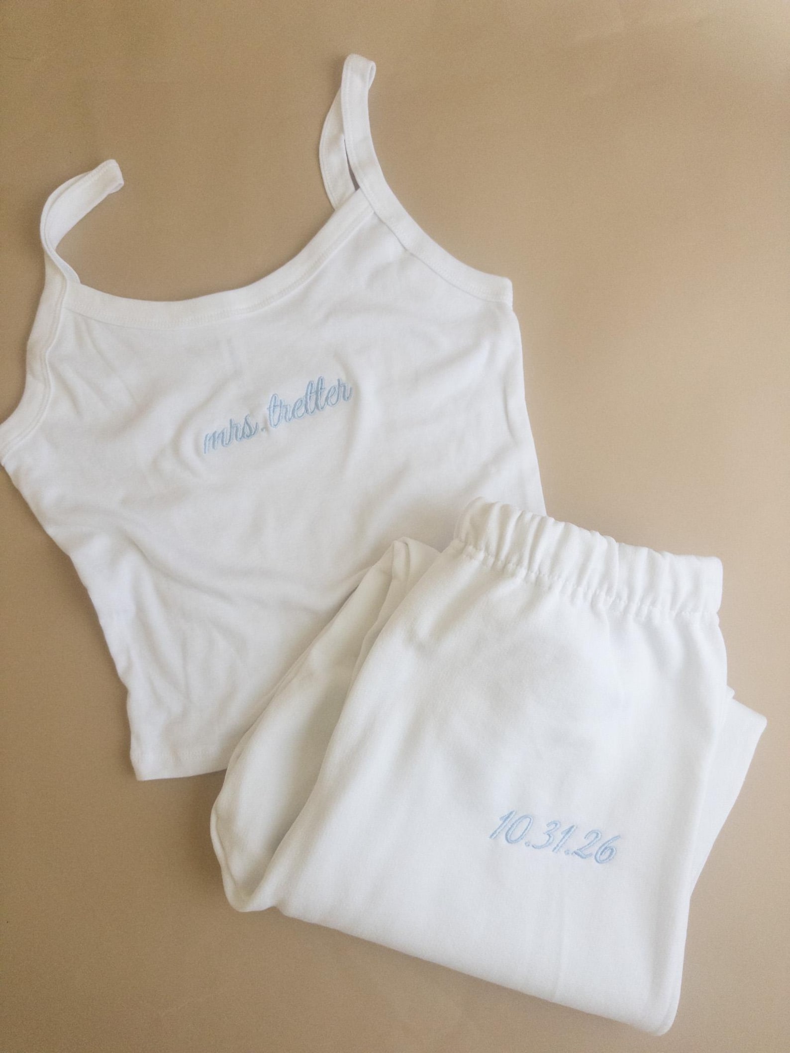 Custom Mrs. Embroidered Tank and Sweatpants Set with Wedding Date, Bride Getting Ready Outfit, Bridal lounge wear, Honeymoon Outfit - Tank & Sweatpants