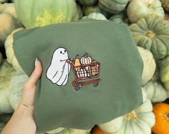 Embroidered Fall Sweatshirt Women, Ghost Pumpkin Sweatshirt, Cute Halloween Crewneck, Ghost Halloween Tee, Spooky Fall Ghost Shirt