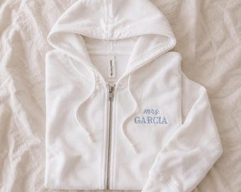 Personalized Embroidered Mrs. Zip-up Hoodie, Bride Getting Ready, Engagement Gift, Honeymoon Outfit, Newly Married Set, Bridal Shower Gift