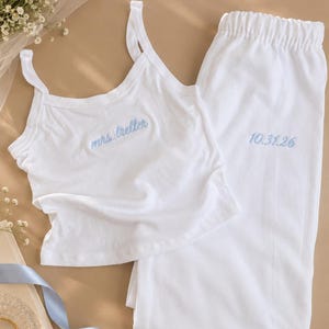 Custom Mrs. Embroidered Tank and Sweatpants Set with Wedding Date, Bride Getting Ready Outfit, Bridal lounge wear, Honeymoon Outfit