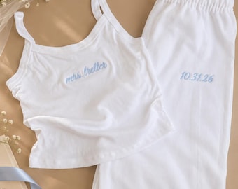 Custom Mrs. Embroidered Tank and Sweatpants Set with Wedding Date, Bride Getting Ready Outfit, Bridal lounge wear, Honeymoon Outfit