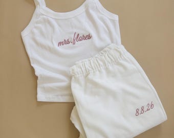 Custom Bachelorette Party Outfit: Embroidered Tank & Sweatpants, Bride Getting Ready Outfit, Bridal Lounge wear, Honeymoon Outfit