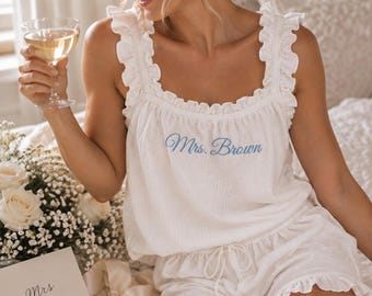 Custom Mrs. Lounge Set: Embroidered Ruffle Tank & Shorts, Bachelorette Party Outfit, Getting Ready Bride Wedding Set, Custom Bride Gift