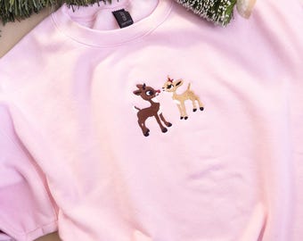 Sweat-shirt brodé de Noël : pulls ras du cou pour couples Rudolph et Clarice, sweat-shirt rétro Rudolph le renne au nez rouge