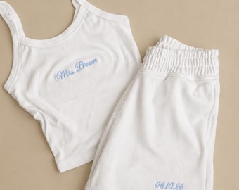 Embroidered Mrs Pajama Set: Custom White Bridal Outfit Spaghetti Strap Tank Top and Shorts