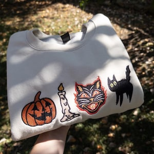 Embroidered Spooky Sweatshirt, Vintage Fall Sweatshirt, Spooky Halloween Sweater, Black Cat Sweatshirt, Retro Pumpkin Fall Sweater image 1