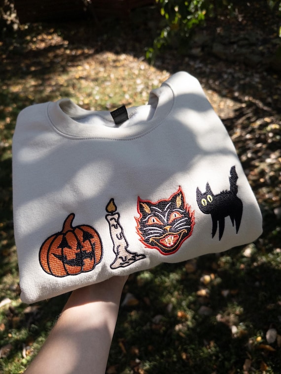 Embroidered Spooky Sweatshirt, Vintage Fall Sweatshirt, Spooky Halloween Sweater, Black Cat Sweatshirt, Retro Pumpkin Fall Sweater
