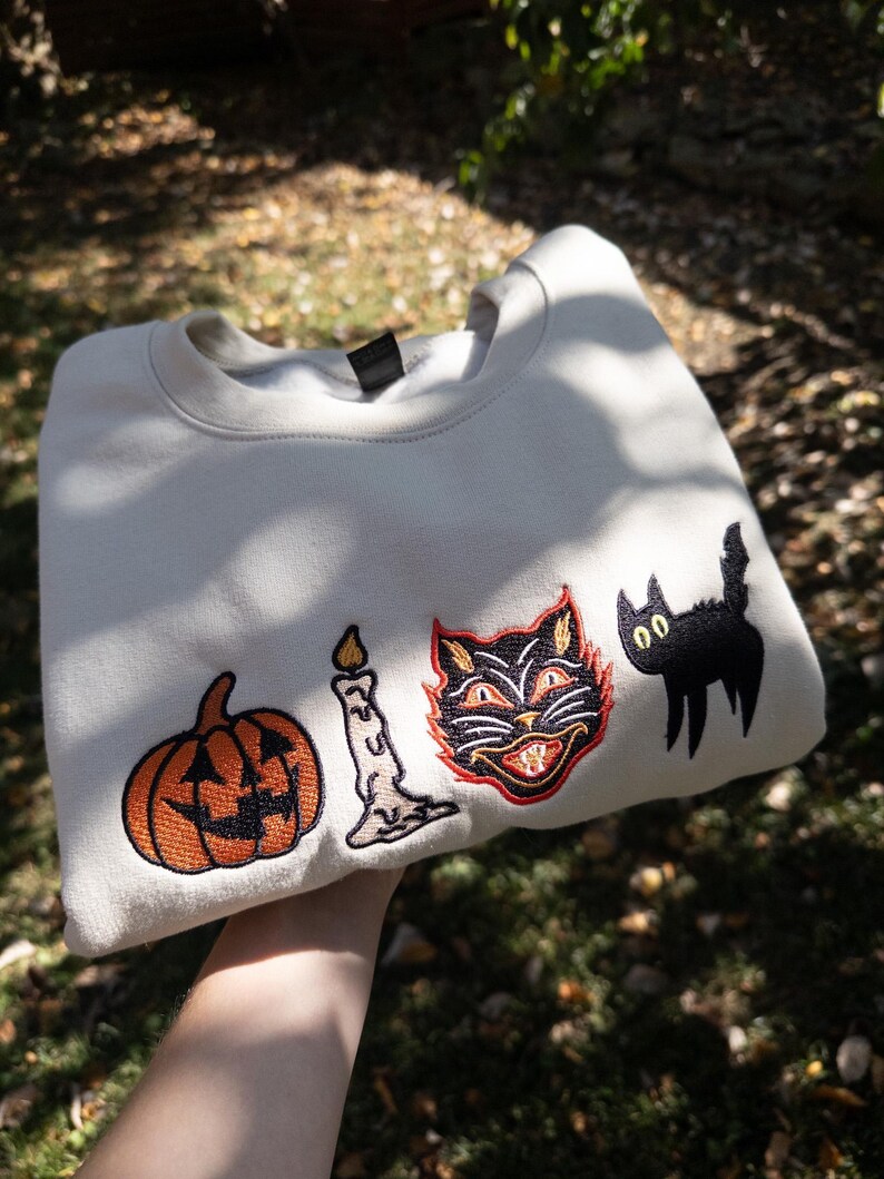 Embroidered Spooky Sweatshirt, Vintage Fall Sweatshirt, Spooky Halloween Sweater, Black Cat Sweatshirt, Retro Pumpkin Fall Sweater image 1