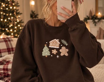 Holiday Gingerbread Sweatshirt, Neutral Embroidered Crewneck, Christmas Aesthetic Sweater, Christmas Baking Sweatshirt, Retro Christmas