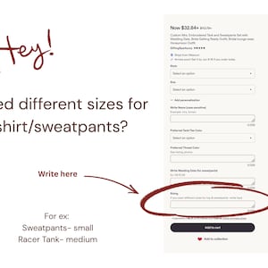 May include: A digital interface showing an e-commerce product page for a custom embroidered tank and sweatpants set. The screen displays text fields for personalization, including a sizing box circled in red with the instruction to write here.