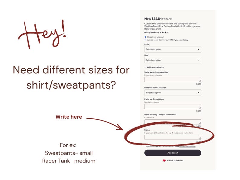 May include: A digital interface showing an e-commerce product page for a custom embroidered tank and sweatpants set. The screen displays text fields for personalization, including a sizing box circled in red with the instruction to write here.
