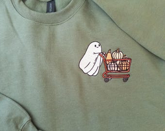 Embroidered Fall Sweatshirt Women, Cute Ghost Halloween Sweatshirt, Embroidered Ghost Pumpkin Halloween Sweater, Halloween Cute Ghost
