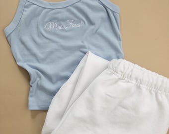 Camiseta sin mangas y pantalón deportivo para la Sra., conjunto nupcial bordado, atuendo para despedida de soltera, atuendo de boda personalizado